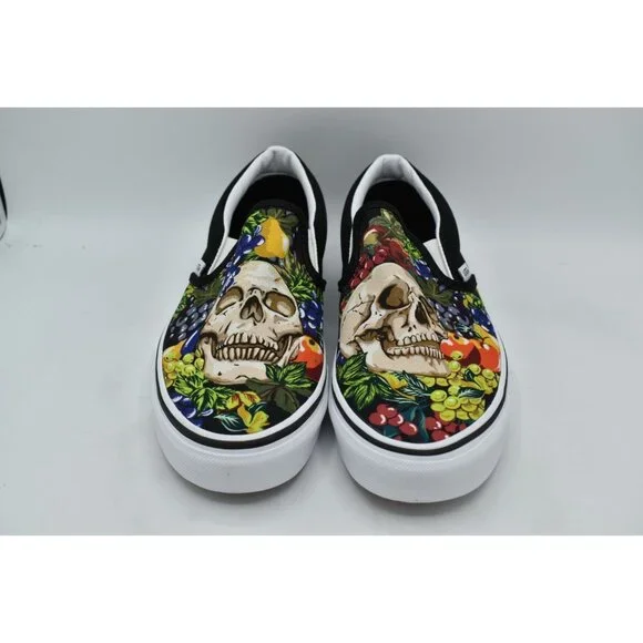 Vans Womens Size 9.5 Black White Fruit Skull Classic Slip On Sneakers Shoes - Picture 3 of 13